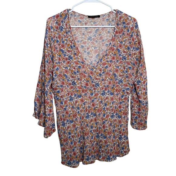 Rachel Zoe Blouse Women's Medium Floral V-Neck Flare 3/4 Sleeve Boho Top - Picture 1 of 9